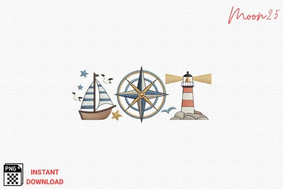 Nautical Compass Embroidery PNG for Coastal Shop Designs